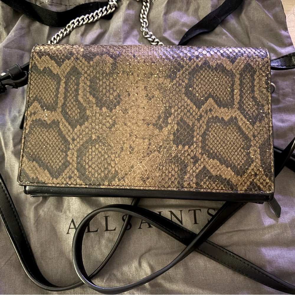 All Saints brown snakeskin crossbody wallet